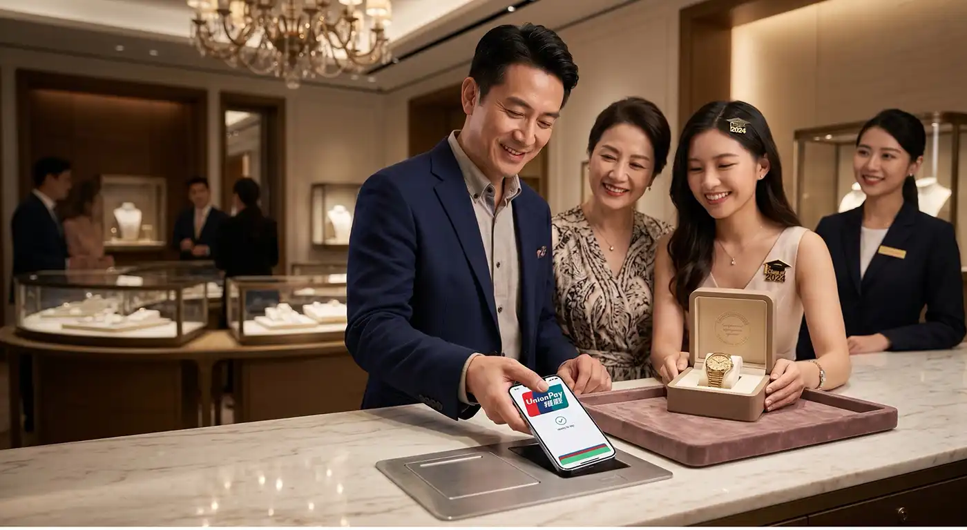 Man in a blue blazer pays with a smartphone at a marble counter while a saleswoman and another woman admire a gold wristwatch in an open box on the counter.