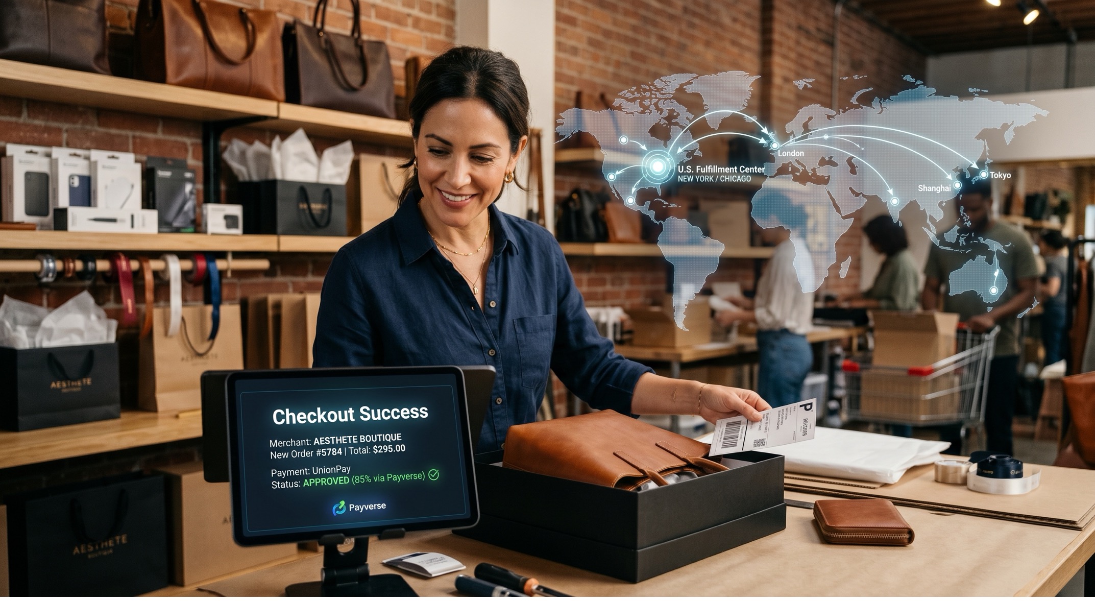 A smiling female cashier at a checkout counter in a store, with a digital world map overlay showing global connections on the glass behind her.