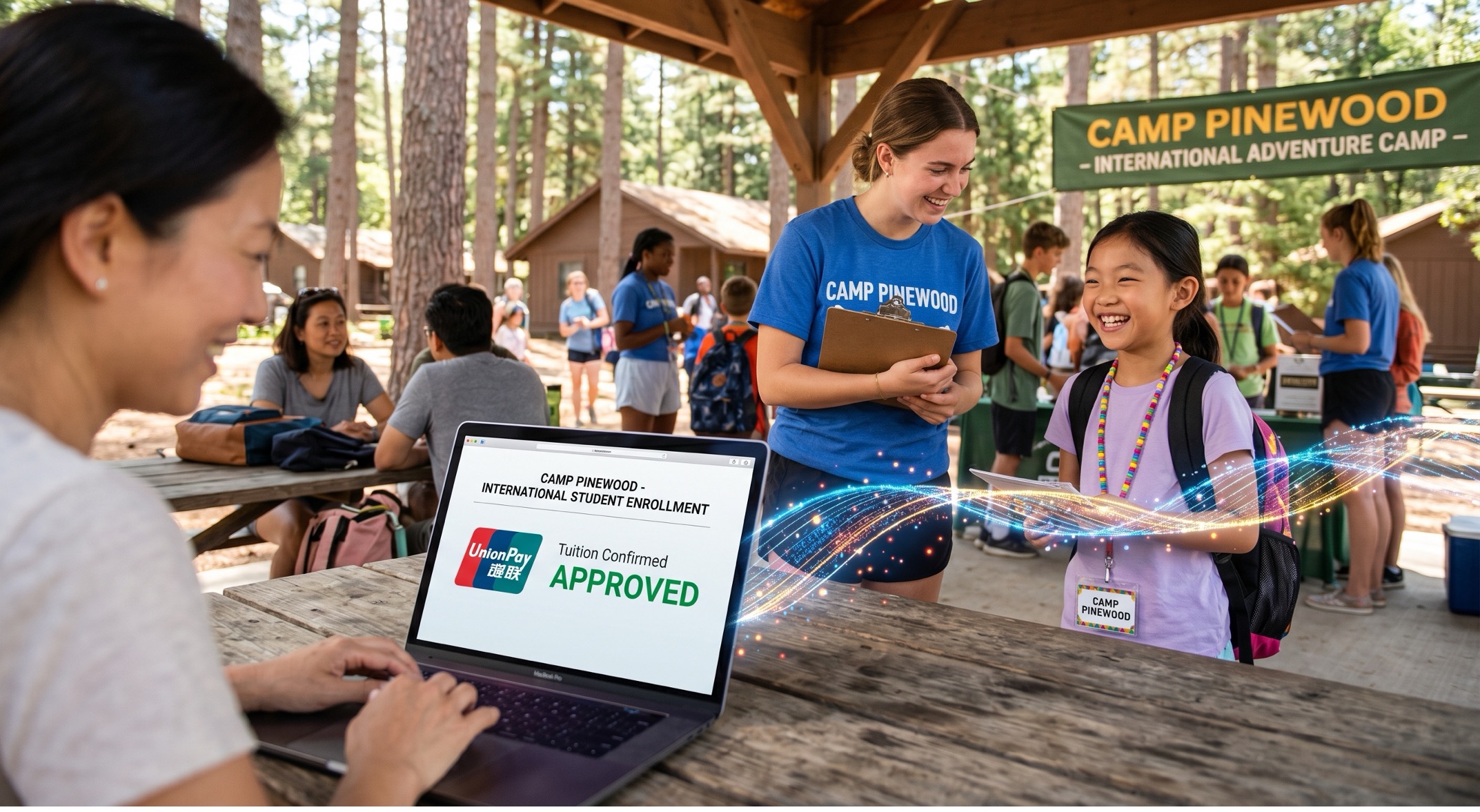 Staff at a rustic camp enrollment booth assist smiling campers with laptops and clipboards under a 'Camp Pinewood' banner.