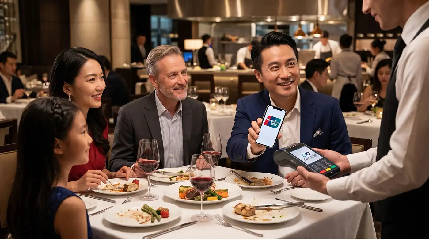 A group of diners at a restaurant watching as a man in a blue suit pays with a mobile wallet while a server processes the sale with a card machine on the table central to the scene.