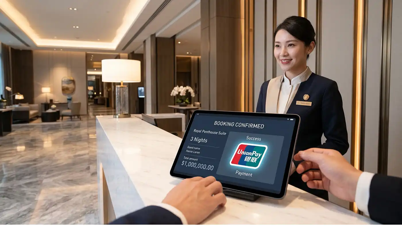 Hotel reception with a receptionist and a guest using a tablet displaying 'Booking Confirmed' and a UnionPay payment screen.