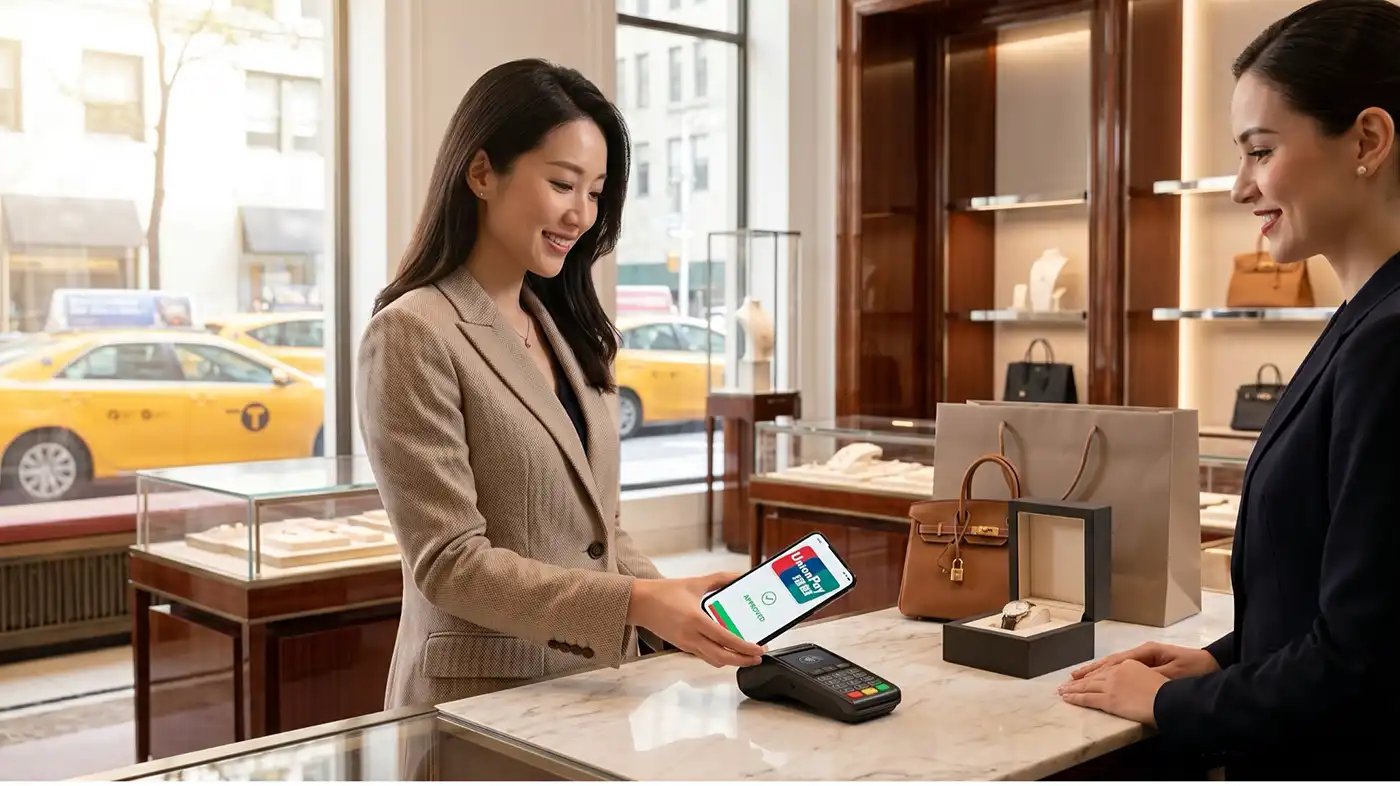 Customer in a beige blazer pays with a smartphone at a marble checkout counter in a jewelry store.
