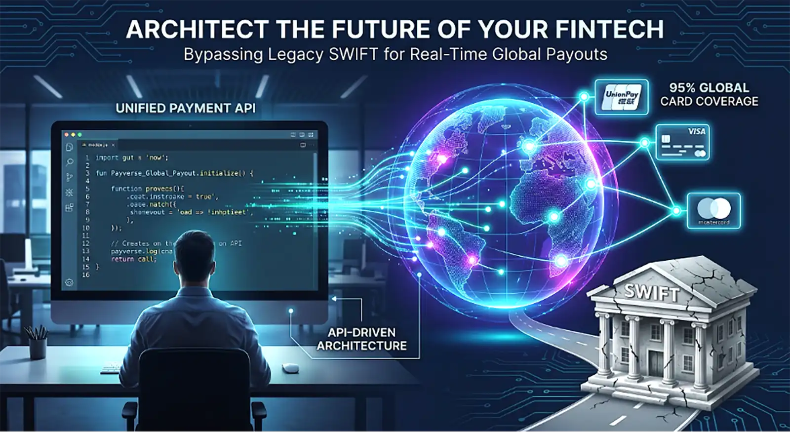 Fintech concept: developer at a desk coding, connected to a glowing globe and payment APIs.