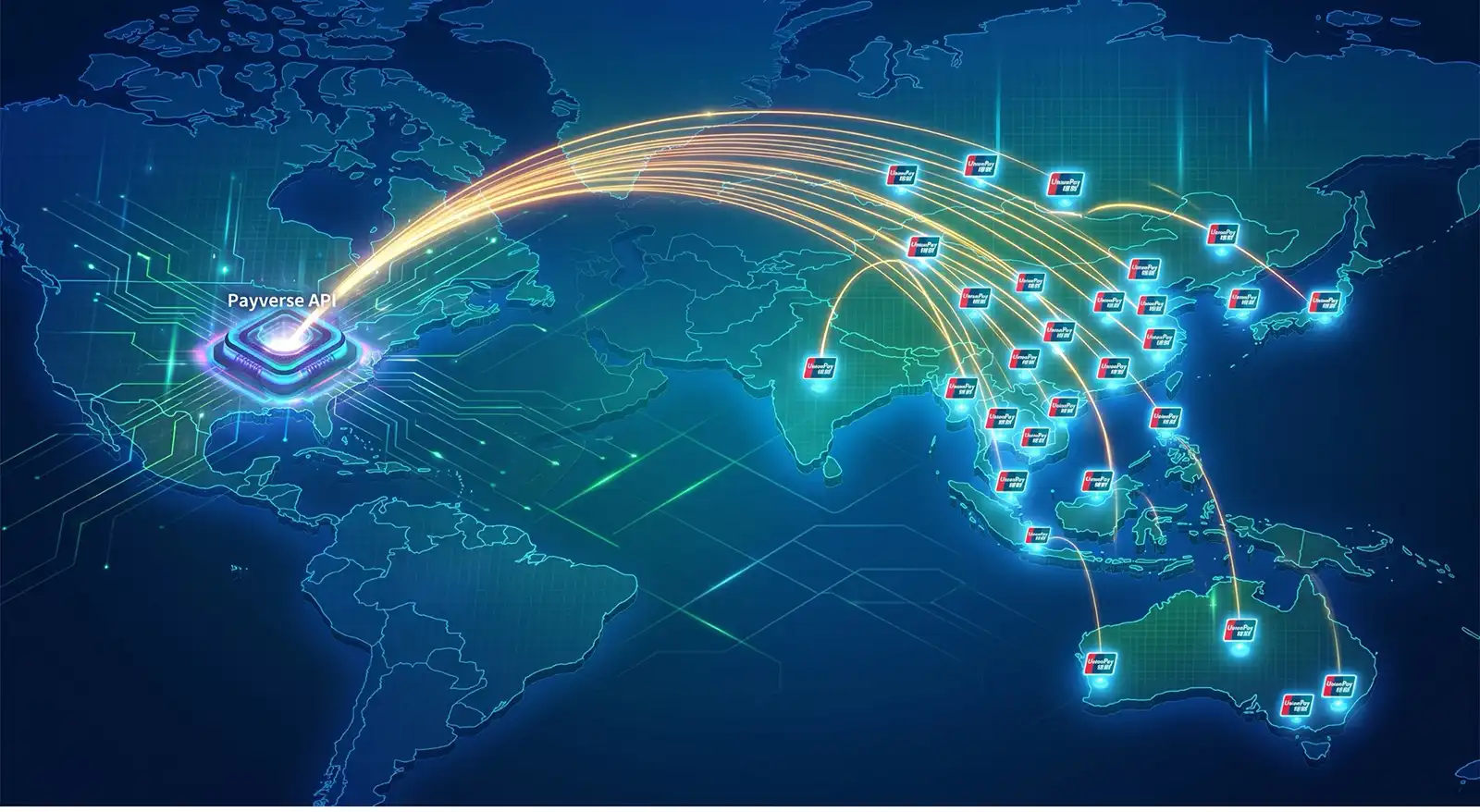 Global map with a Payverse API hub on the left and neon connections to payment terminals across Asia-Pacific.