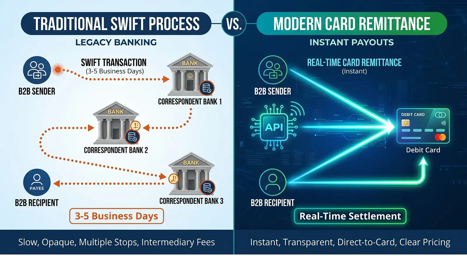 Infographic comparing traditional Swift banking (left) with 3–5 business-day transfers and modern real-time card remittance (right) to a debit card.