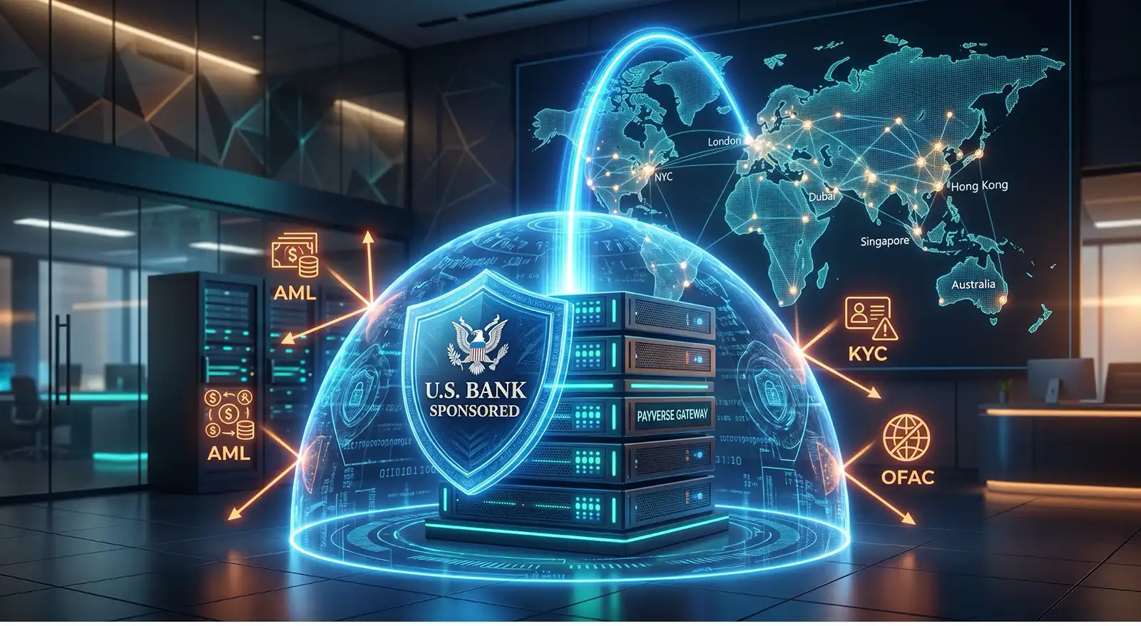 Futuristic data center under a glowing protective dome with a shield reading 'U.S. Bank Sponsored' and a stack of servers, symbolizing cybersecurity and banking compliance.