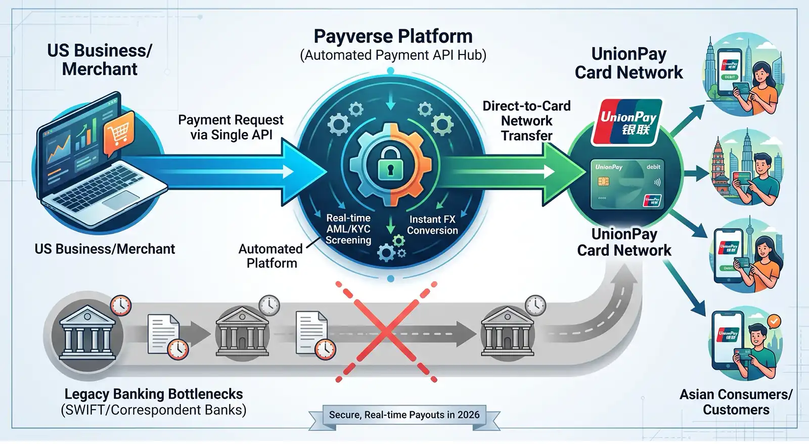 Infographic of Payverse Platform linking US merchants to UnionPay network, bypassing legacy banking bottlenecks for real-time payouts to consumers and cardholders. (Flow from merchant payments → Payverse hub → UnionPay network → customers)