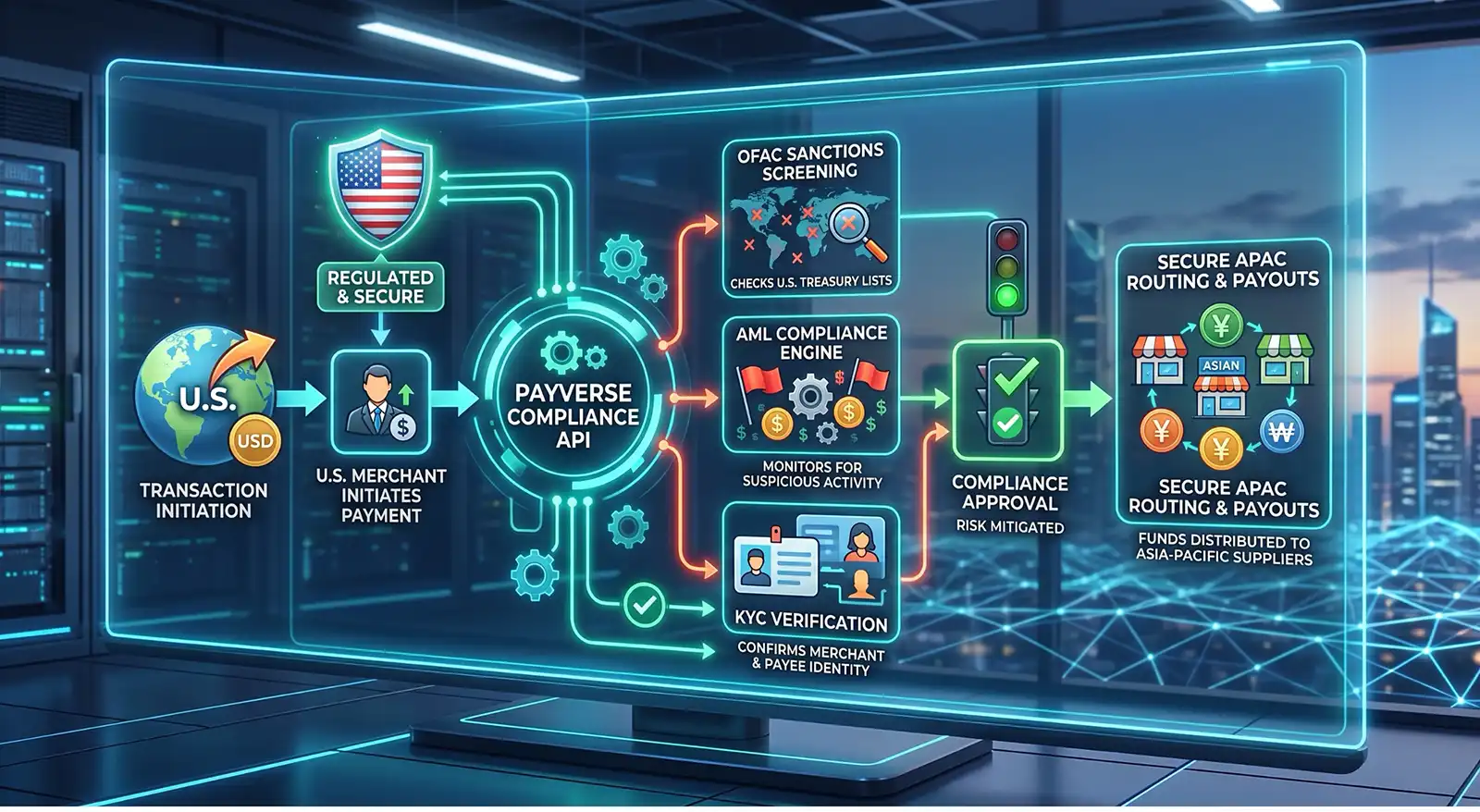 Neon infographic of a payment compliance workflow: transaction initiation, regulatory checks, AML engine, KYC verification, and secure routing of funds via Payverse API to APAC merchants like Asia-Pacific suppliers.