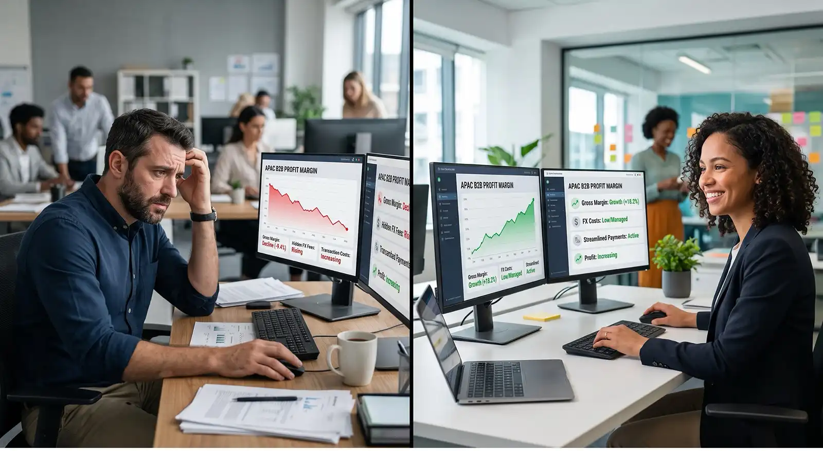 Split-screen office scene: left side shows a stressed man at a desk with two monitors displaying downward charts; right side shows a smiling woman at a desk with several monitors displaying upward charts.