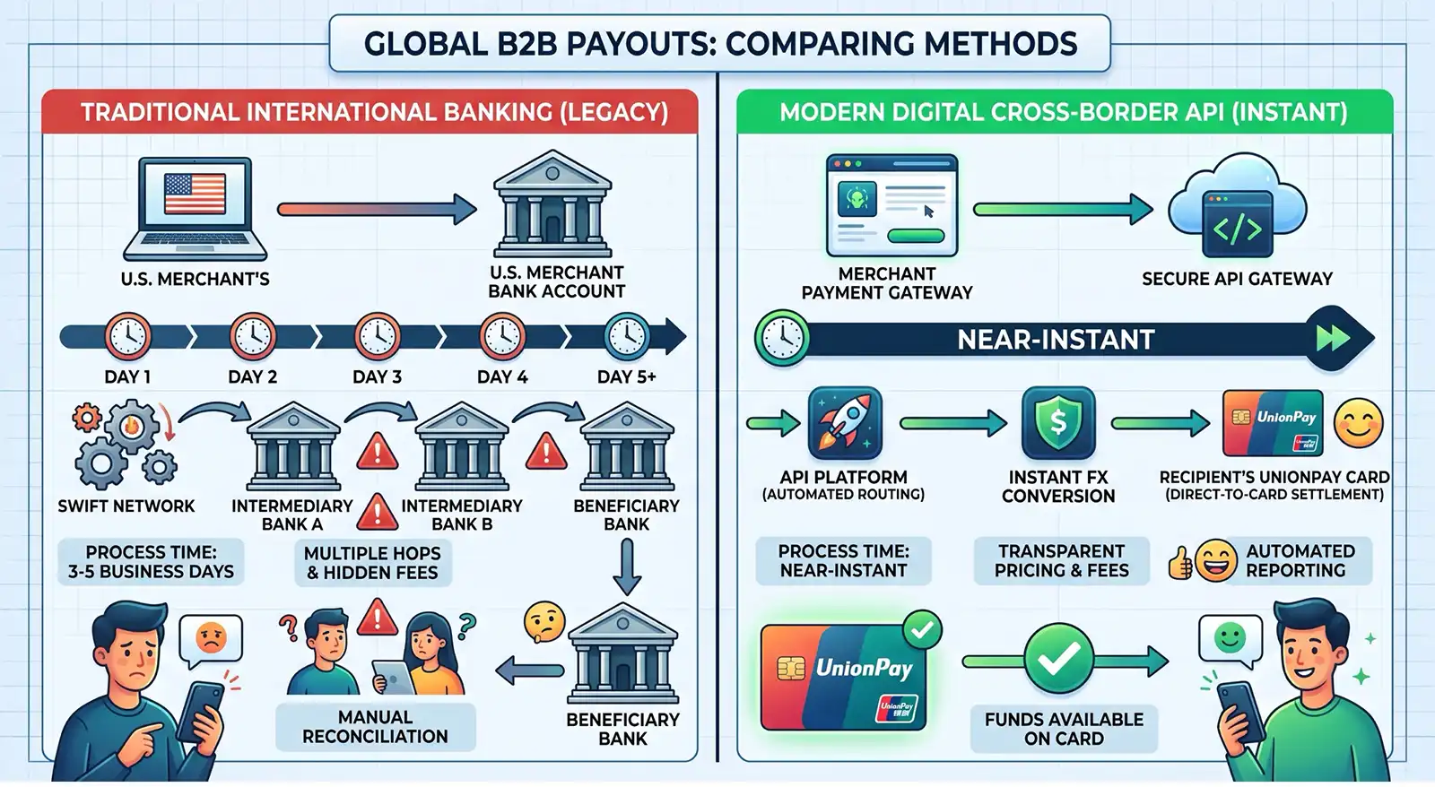 Infographic comparing Traditional International Banking (legacy)—multi-hop, 3–5 day processing, fees, manual reconciliation— vs Modern Digital Cross‑Border API (Instant) with API platform, instant FX, UnionPay card, near‑instant funds, transparent pricing and automated reporting.